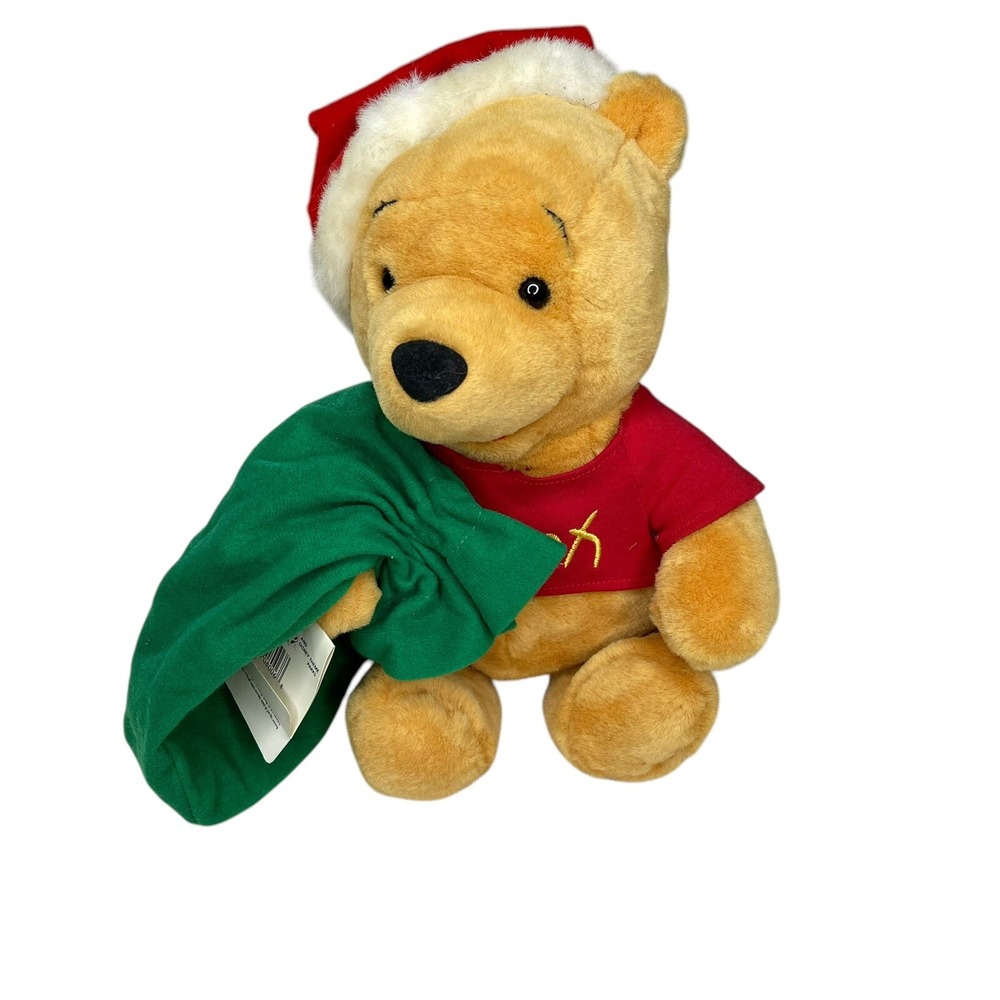 Disney Store Winnie the Pooh Santa Christmas Plush 12 inch Green Sack NWT